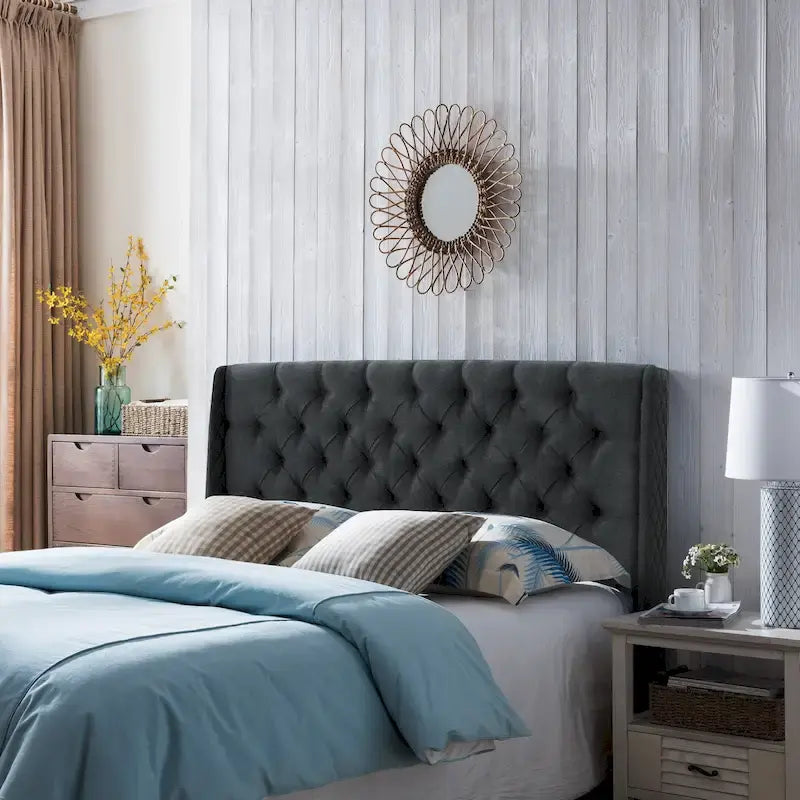 Tête de lit Queen Wingback avec coutures capitonnées en losange, beige / coquille d'œuf / gris foncé, style moderne, lit 1 personne