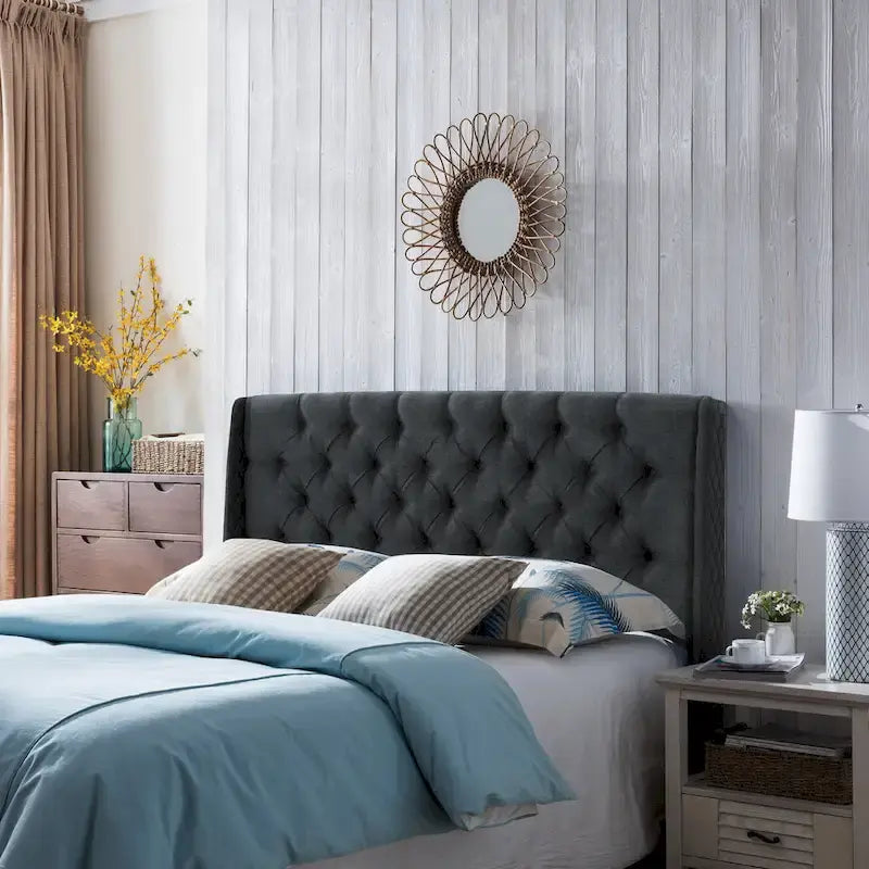 Tête de lit Queen Wingback avec coutures capitonnées en losange, beige / coquille d'œuf / gris foncé, style moderne, lit 1 personne