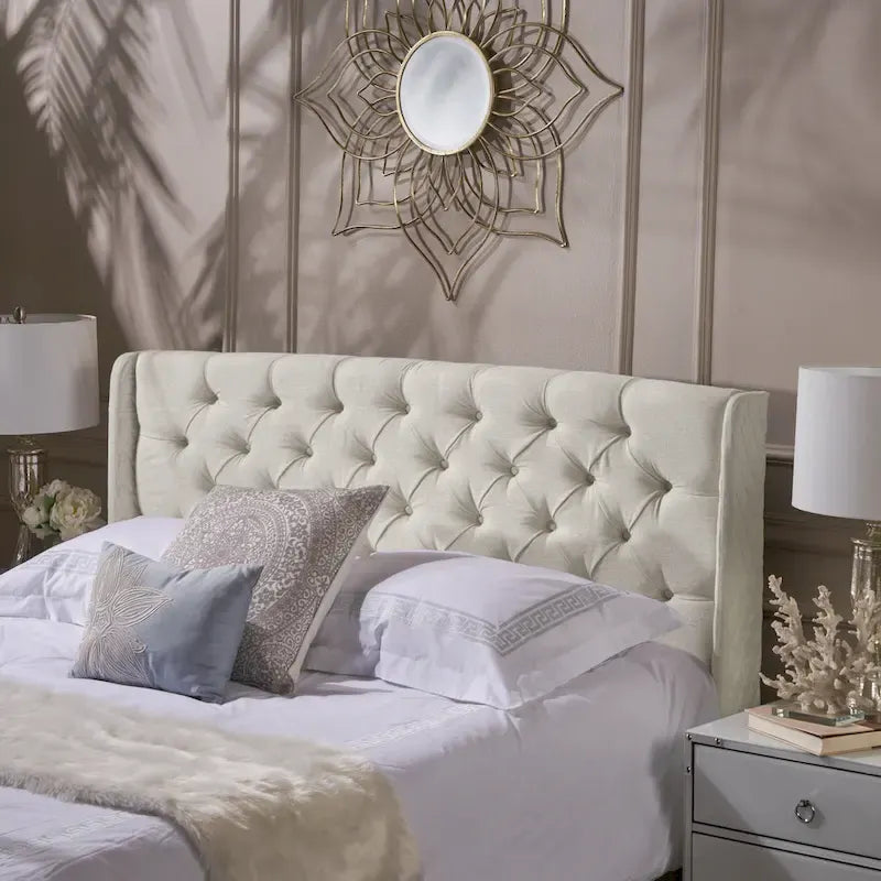 Tête de lit Queen Wingback avec coutures capitonnées en losange, beige / coquille d'œuf / gris foncé, style moderne, lit 1 personne