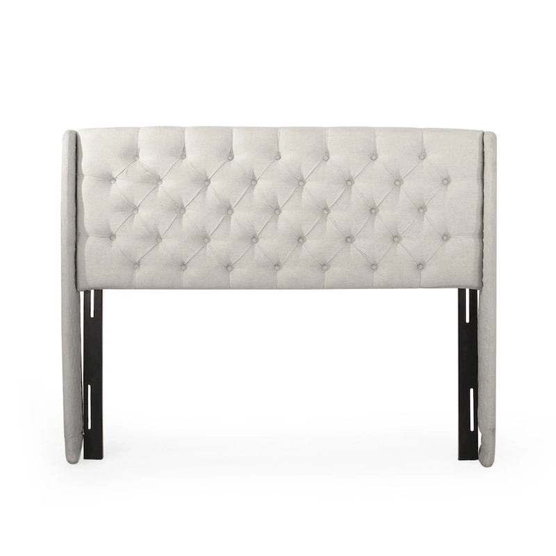 Tête de lit Queen Wingback avec coutures capitonnées en losange, beige / coquille d'œuf / gris foncé, style moderne, lit 1 personne