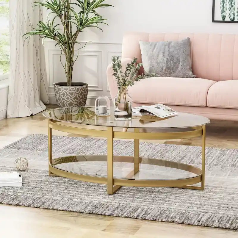 Plumeria Modern Glam Tempered Glass Oval Coffee Table with Iron Frame by Christopher Knight Home