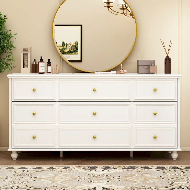Commode en bois à 9 tiroirs avec glissières métalliques, blanc / noir / rouge foncé, style moderne, chambre 1 personne