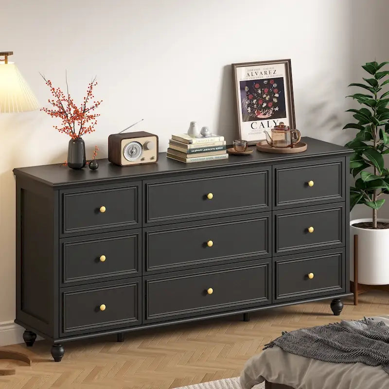 Commode en bois à 9 tiroirs avec glissières métalliques, blanc / noir / rouge foncé, style moderne, chambre 1 personne