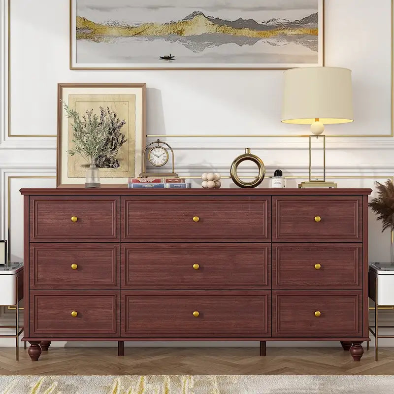 Commode en bois à 9 tiroirs avec glissières métalliques, blanc / noir / rouge foncé, style moderne, chambre 1 personne