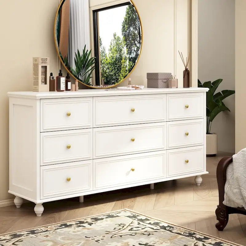 Commode en bois à 9 tiroirs avec glissières métalliques, blanc / noir / rouge foncé, style moderne, chambre 1 personne