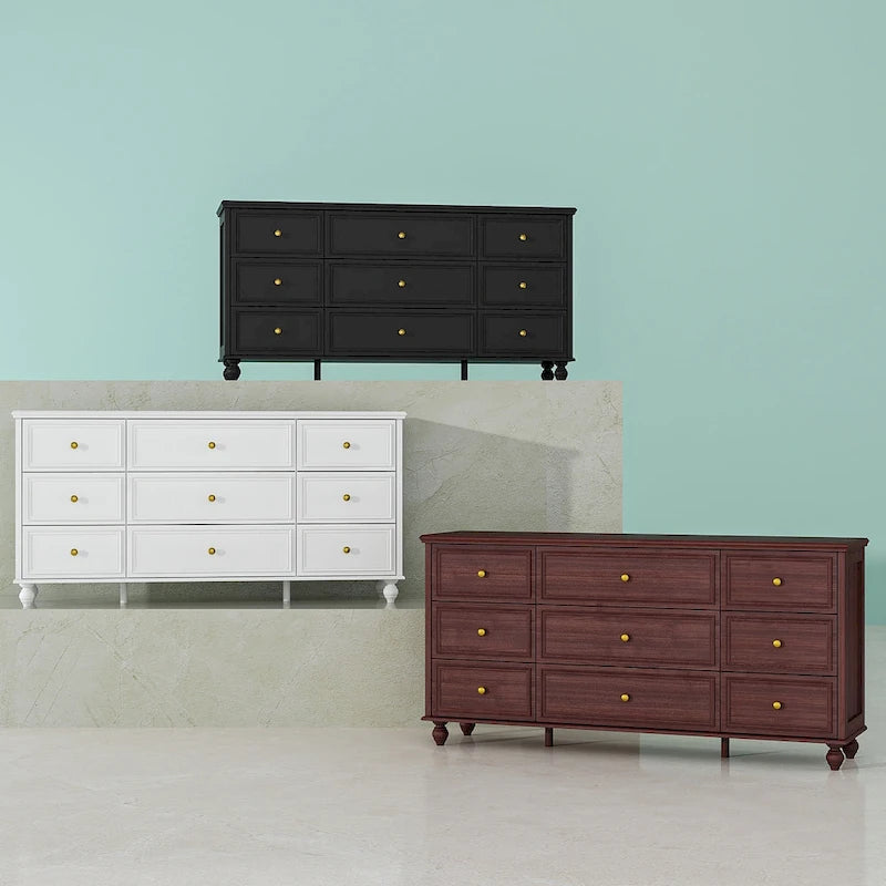 Commode en bois à 9 tiroirs avec glissières métalliques, blanc / noir / rouge foncé, style moderne, chambre 1 personne