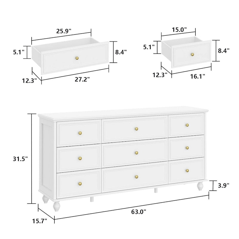 Commode en bois à 9 tiroirs avec glissières métalliques, blanc / noir / rouge foncé, style moderne, chambre 1 personne