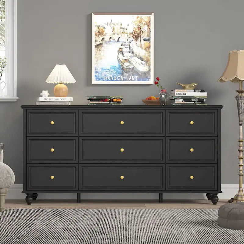 Commode en bois à 9 tiroirs avec glissières métalliques, blanc / noir / rouge foncé, style moderne, chambre 1 personne