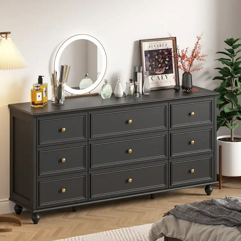 Commode en bois à 9 tiroirs avec glissières métalliques, blanc / noir / rouge foncé, style moderne, chambre 1 personne