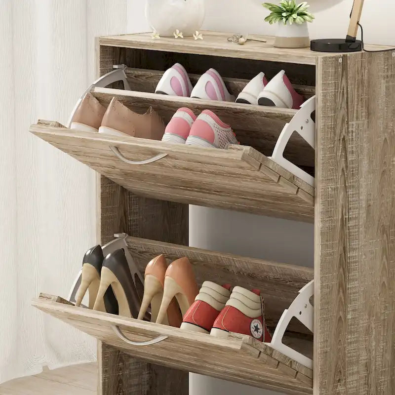 Meuble à chaussures 3 tiroirs basculants avec plateforme de rangement supérieure, Orange / Gris / Marron / Blanc / Bois, Style moderne, Usage domestique