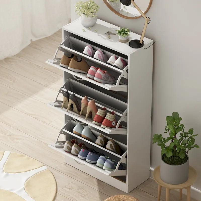 Meuble à chaussures 3 tiroirs basculants avec plateforme de rangement supérieure, Orange / Gris / Marron / Blanc / Bois, Style moderne, Usage domestique