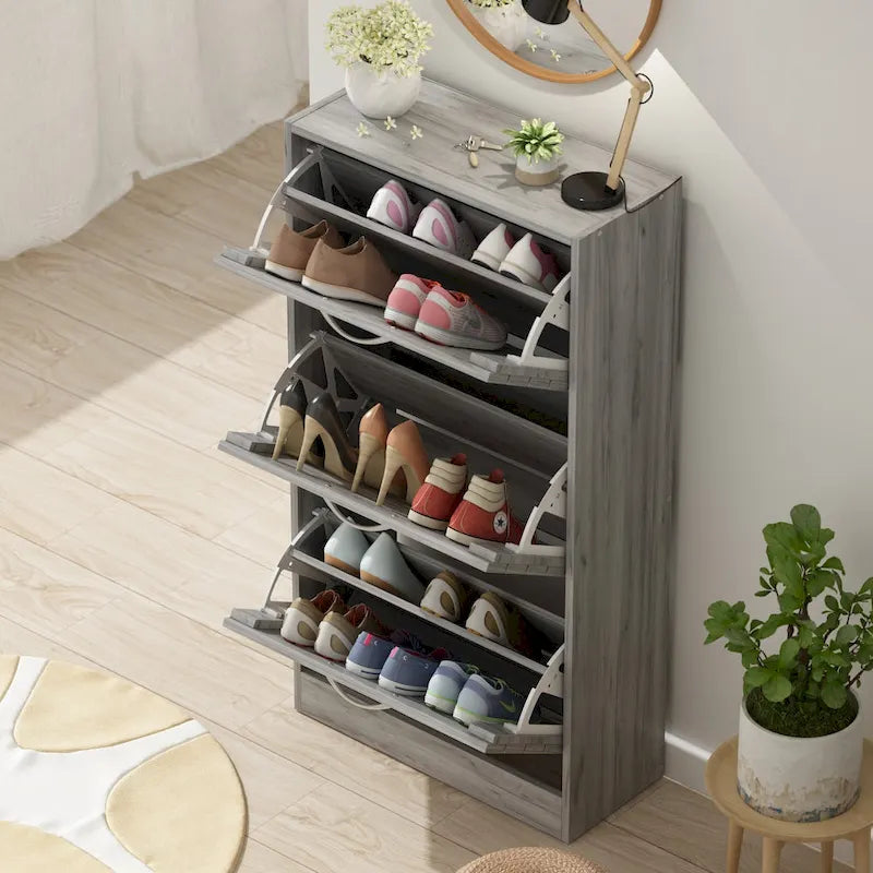 Meuble à chaussures 3 tiroirs basculants avec plateforme de rangement supérieure, Orange / Gris / Marron / Blanc / Bois, Style moderne, Usage domestique