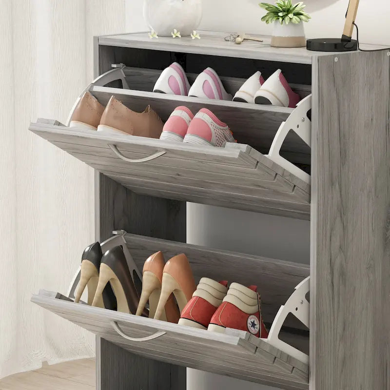 Meuble à chaussures 3 tiroirs basculants avec plateforme de rangement supérieure, Orange / Gris / Marron / Blanc / Bois, Style moderne, Usage domestique