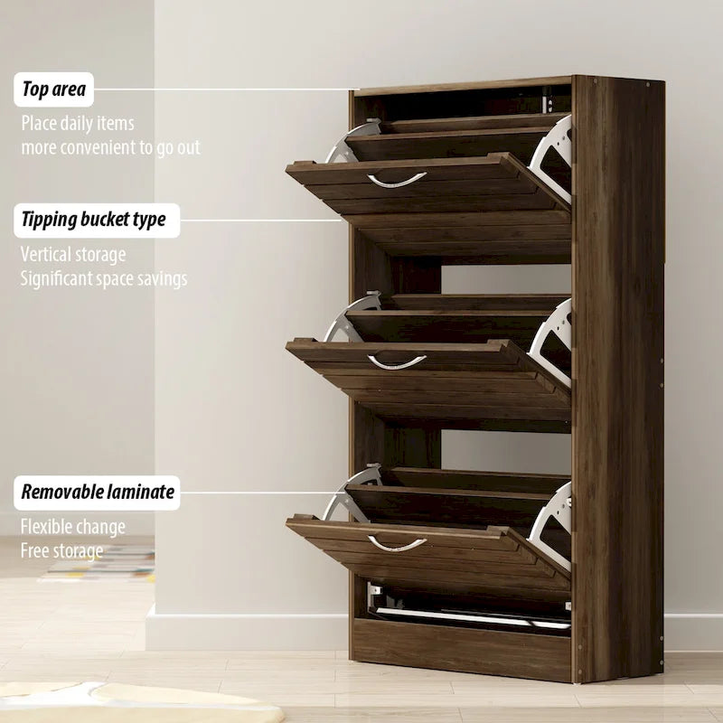 Meuble à chaussures 3 tiroirs basculants avec plateforme de rangement supérieure, Orange / Gris / Marron / Blanc / Bois, Style moderne, Usage domestique