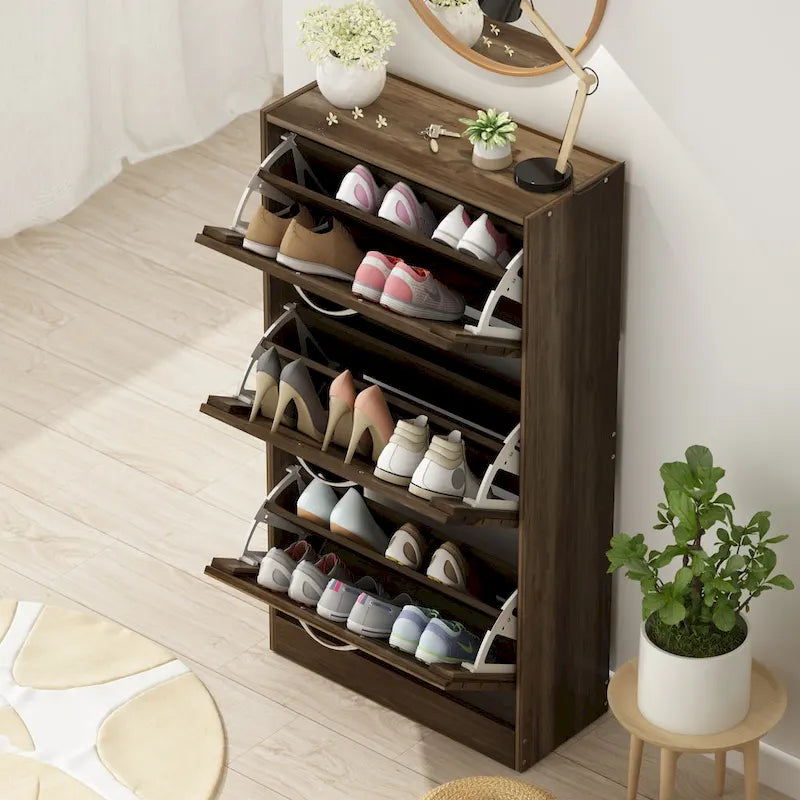 Meuble à chaussures 3 tiroirs basculants avec plateforme de rangement supérieure, Orange / Gris / Marron / Blanc / Bois, Style moderne, Usage domestique