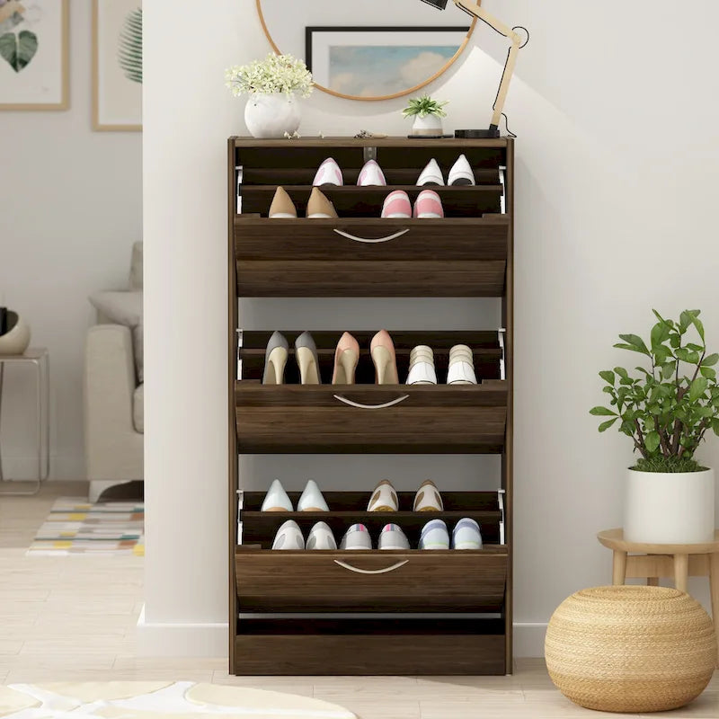 Meuble à chaussures 3 tiroirs basculants avec plateforme de rangement supérieure, Orange / Gris / Marron / Blanc / Bois, Style moderne, Usage domestique