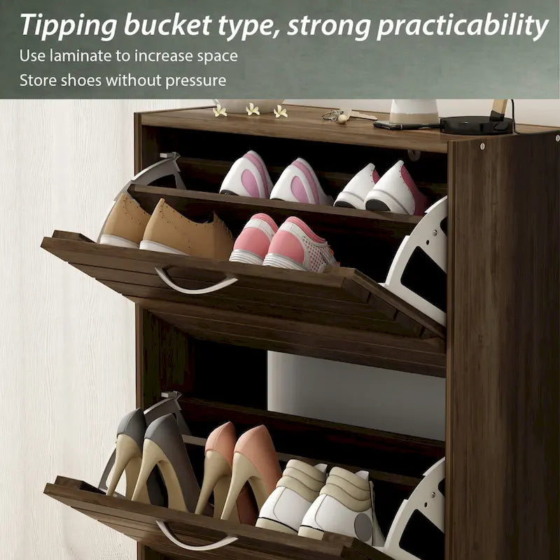 Meuble à chaussures 3 tiroirs basculants avec plateforme de rangement supérieure, Orange / Gris / Marron / Blanc / Bois, Style moderne, Usage domestique