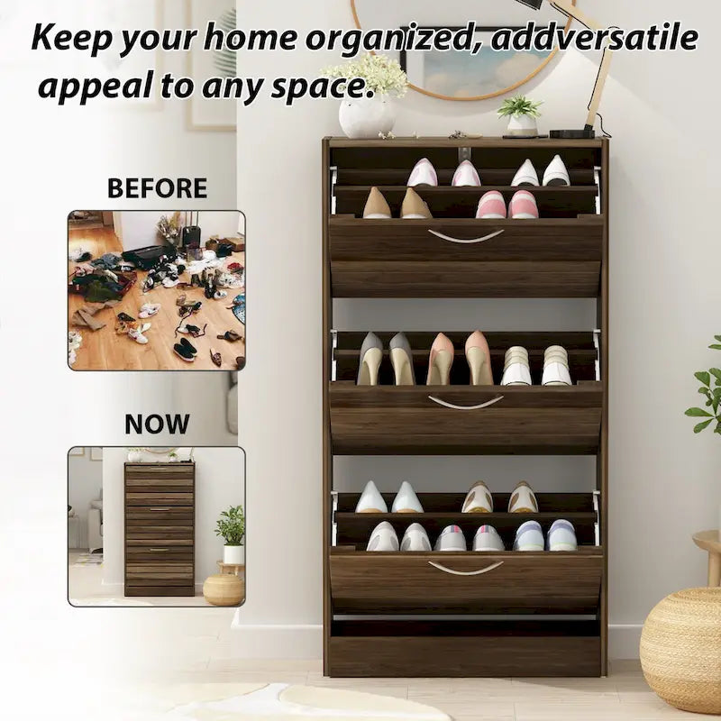 Meuble à chaussures 3 tiroirs basculants avec plateforme de rangement supérieure, Orange / Gris / Marron / Blanc / Bois, Style moderne, Usage domestique