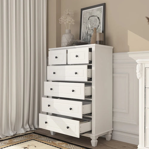 Commode en bois à 6 tiroirs avec glissières et poignées métalliques, blanche, style moderne, chambre à 1 personne