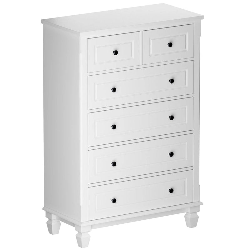 Commode en bois à 6 tiroirs avec glissières et poignées métalliques, blanche, style moderne, chambre à 1 personne