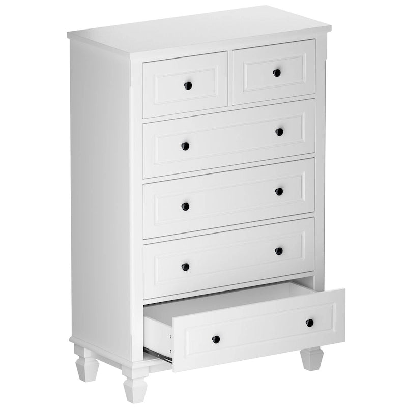 Commode en bois à 6 tiroirs avec glissières et poignées métalliques, blanche, style moderne, chambre à 1 personne