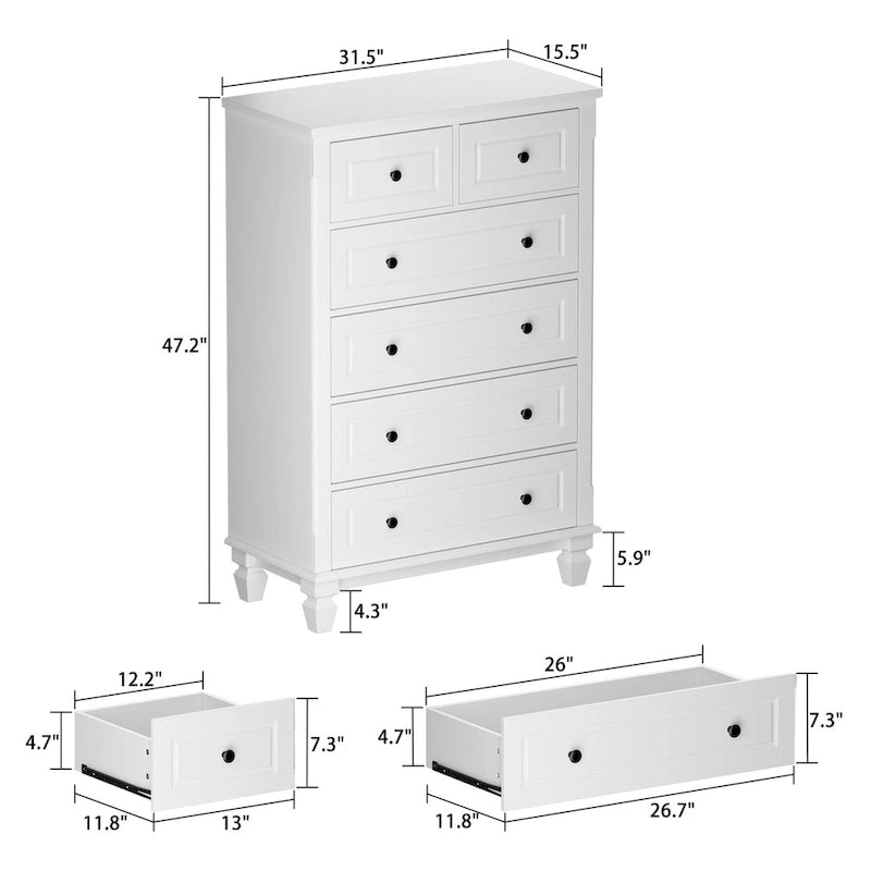 Commode en bois à 6 tiroirs avec glissières et poignées métalliques, blanche, style moderne, chambre à 1 personne