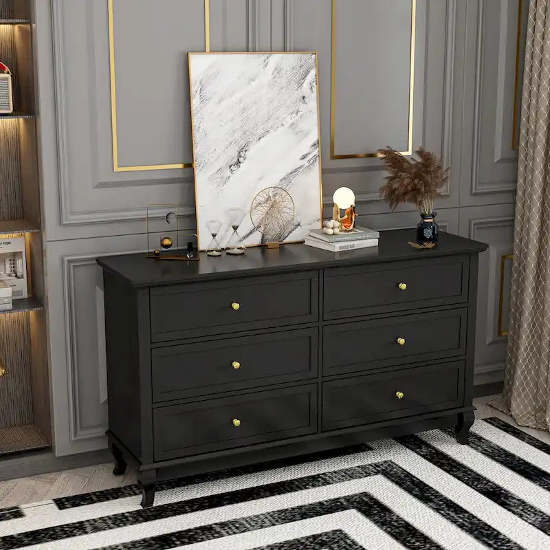 Commode laquée 6 tiroirs avec plateau en bois, blanc/noir, style moderne, chambre 1 personne