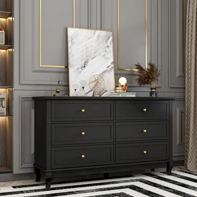 Commode laquée 6 tiroirs avec plateau en bois, blanc/noir, style moderne, chambre 1 personne