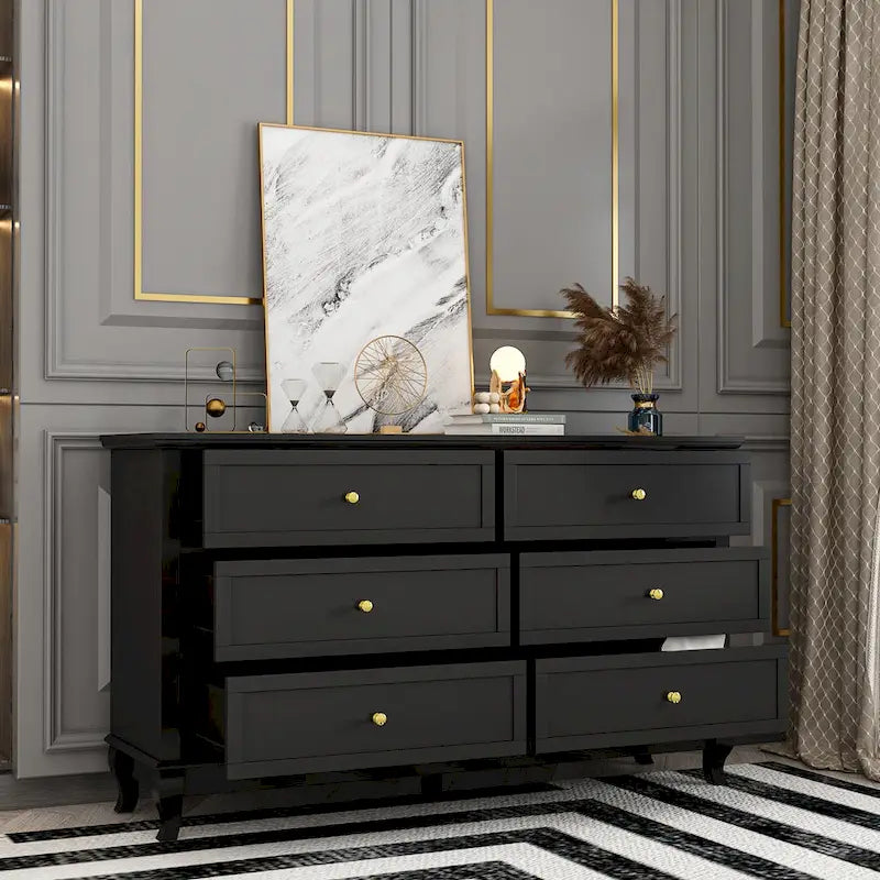 Commode laquée 6 tiroirs avec plateau en bois, blanc/noir, style moderne, chambre 1 personne