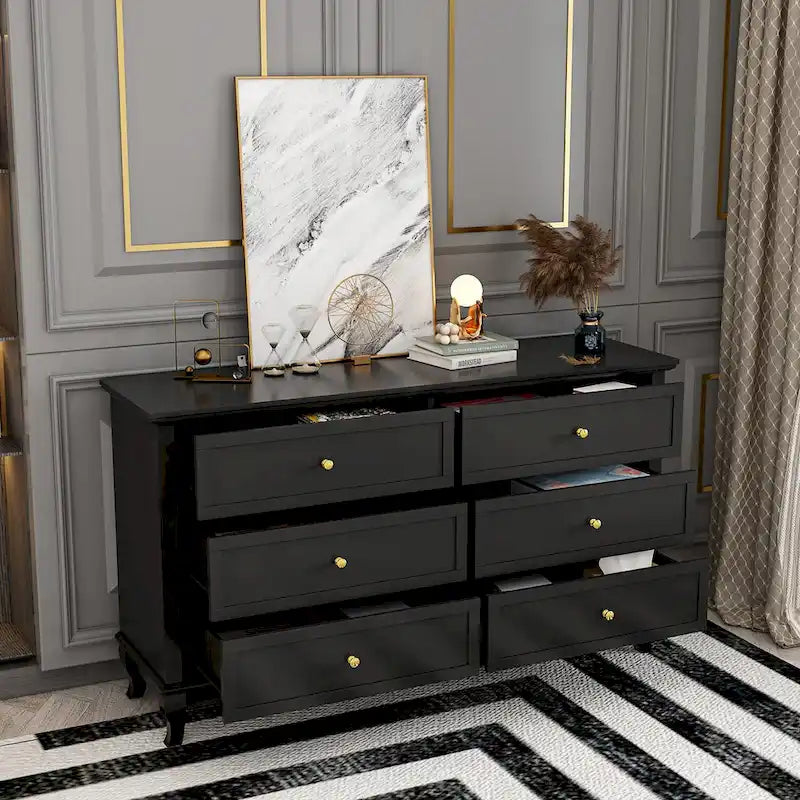 Commode laquée 6 tiroirs avec plateau en bois, blanc/noir, style moderne, chambre 1 personne