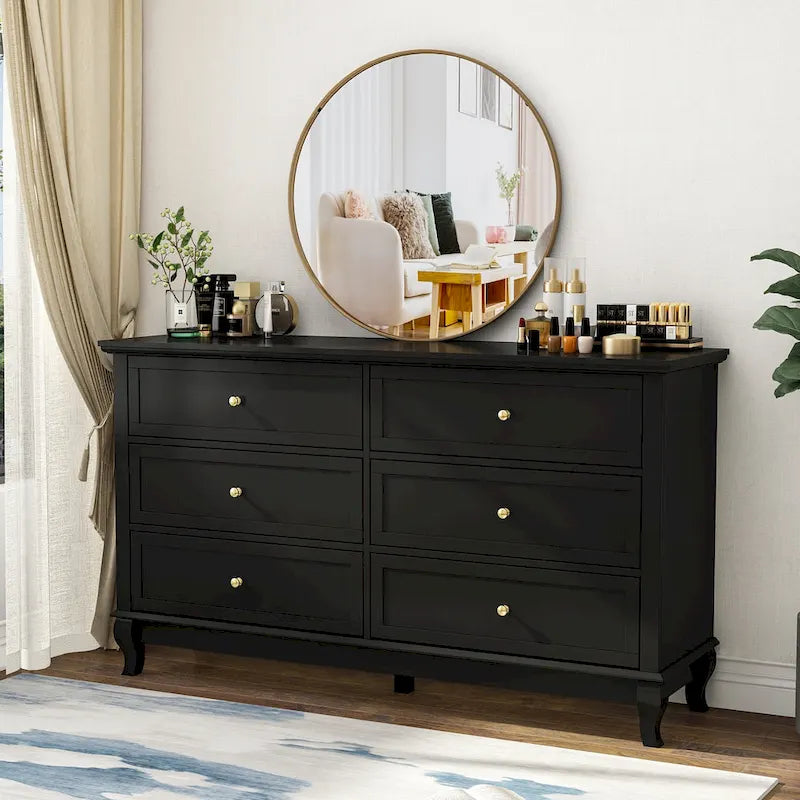 Commode laquée 6 tiroirs avec plateau en bois, blanc/noir, style moderne, chambre 1 personne