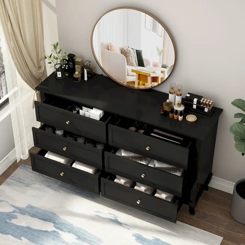 Commode laquée 6 tiroirs avec plateau en bois, blanc/noir, style moderne, chambre 1 personne
