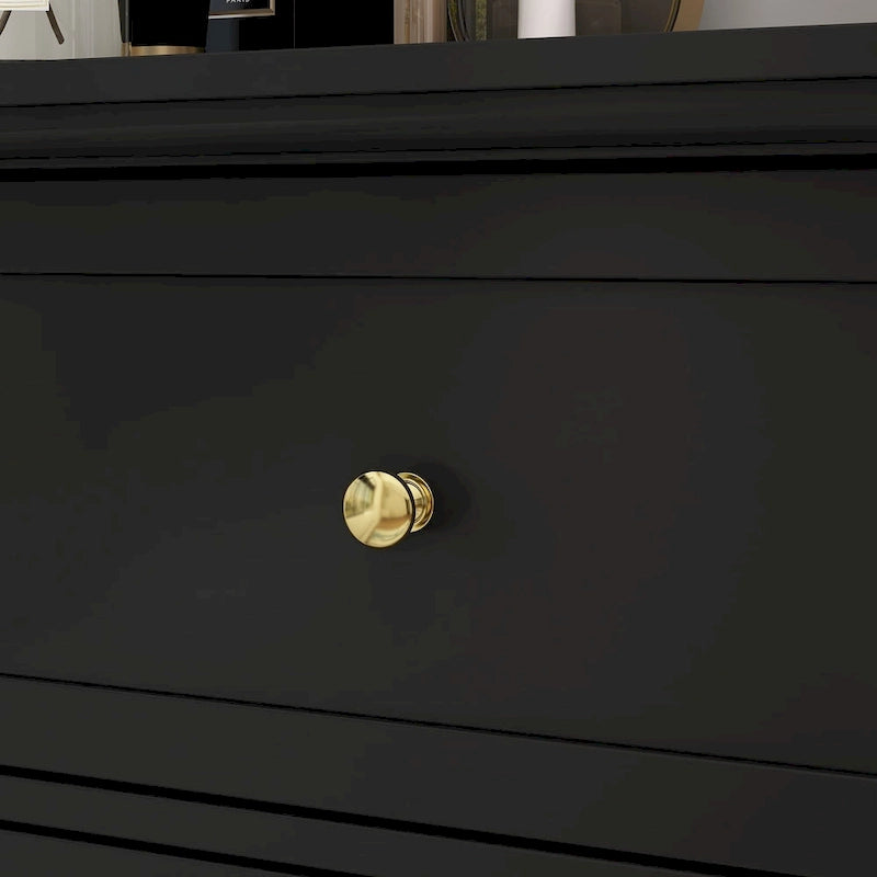 Commode laquée 6 tiroirs avec plateau en bois, blanc/noir, style moderne, chambre 1 personne