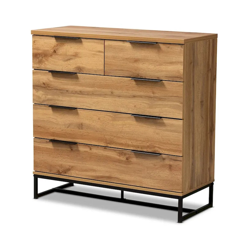 Commode de chambre à 5 tiroirs avec pieds en métal noir, chêne, style moderne, chambre 1 personne