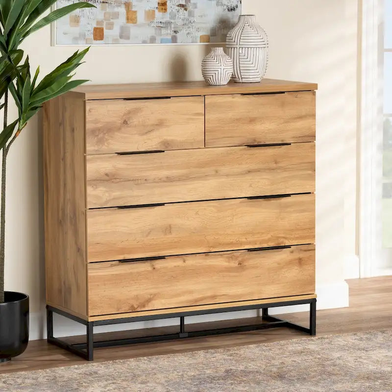 Commode de chambre à 5 tiroirs avec pieds en métal noir, chêne, style moderne, chambre 1 personne