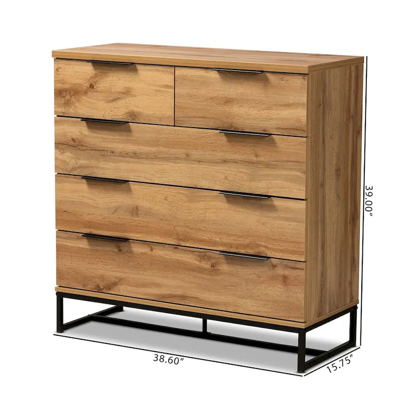 Commode de chambre à 5 tiroirs avec pieds en métal noir, chêne, style moderne, chambre 1 personne