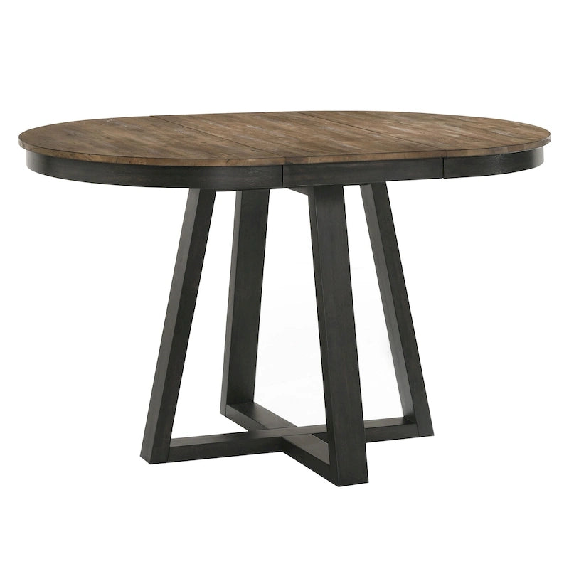 Table à manger ronde extensible Noyer et Pacanier avec piètement à tréteaux - 4 à 6 places