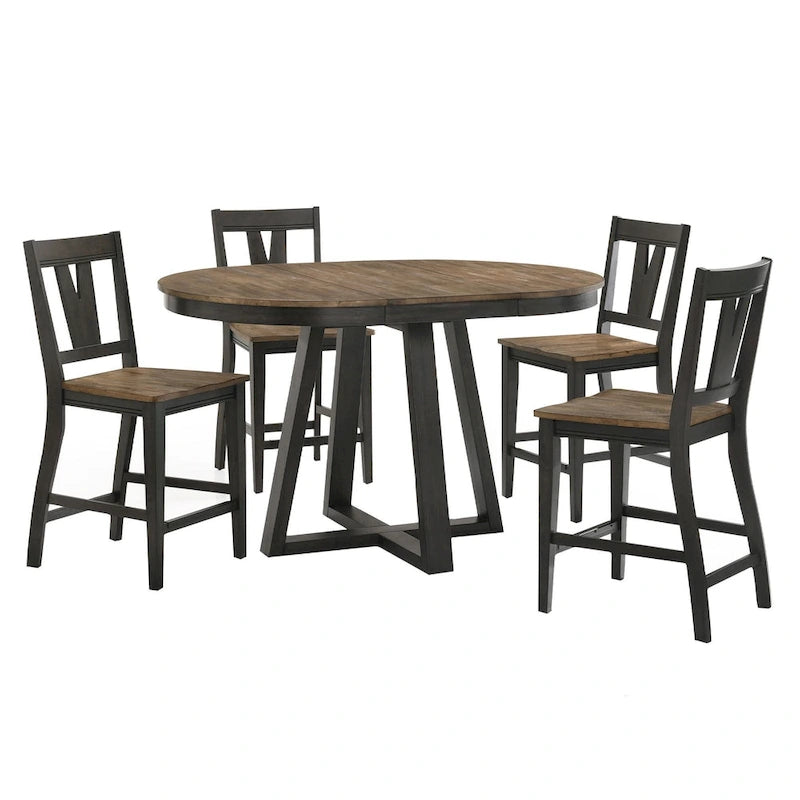 Table à manger ronde extensible Noyer et Pacanier avec piètement à tréteaux - 4 à 6 places