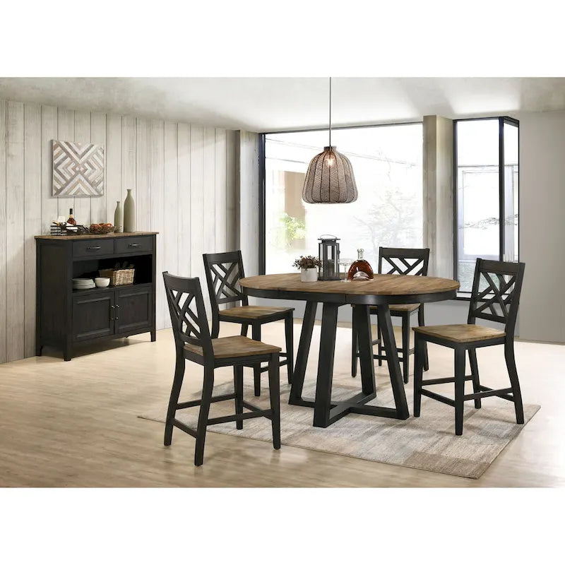 Table à manger ronde extensible Noyer et Pacanier avec piètement à tréteaux - 4 à 6 places