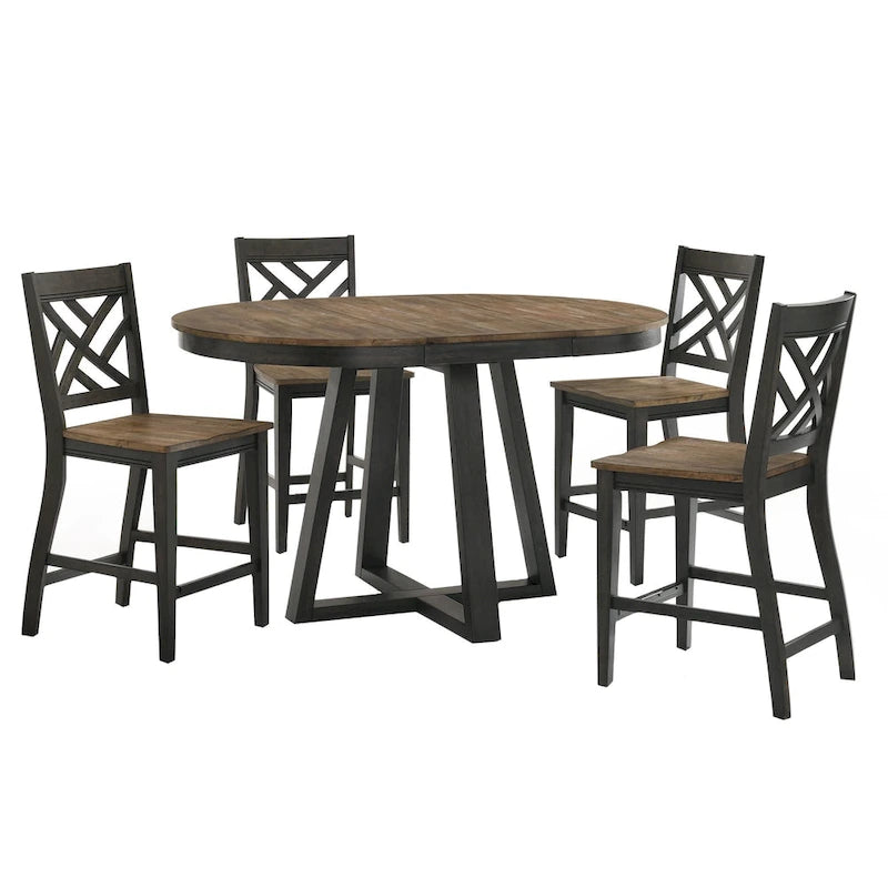 Table à manger ronde extensible Noyer et Pacanier avec piètement à tréteaux - 4 à 6 places