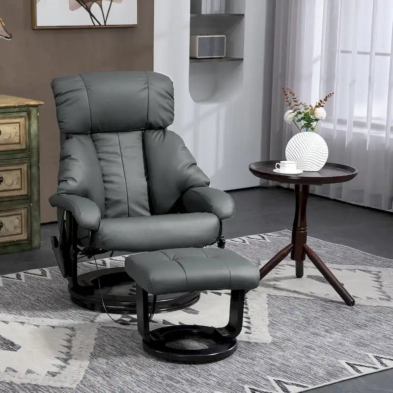 Fauteuil inclinable de massage pivotant à 360° en similicuir gris/bleu avec pouf – 1 place