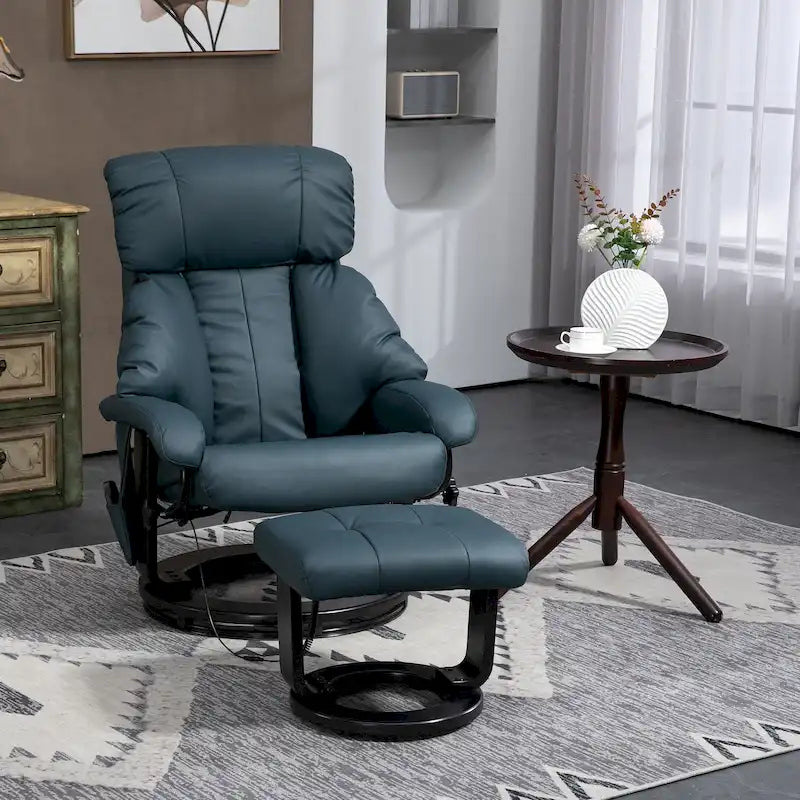 Fauteuil inclinable de massage pivotant à 360° en similicuir gris/bleu avec pouf – 1 place