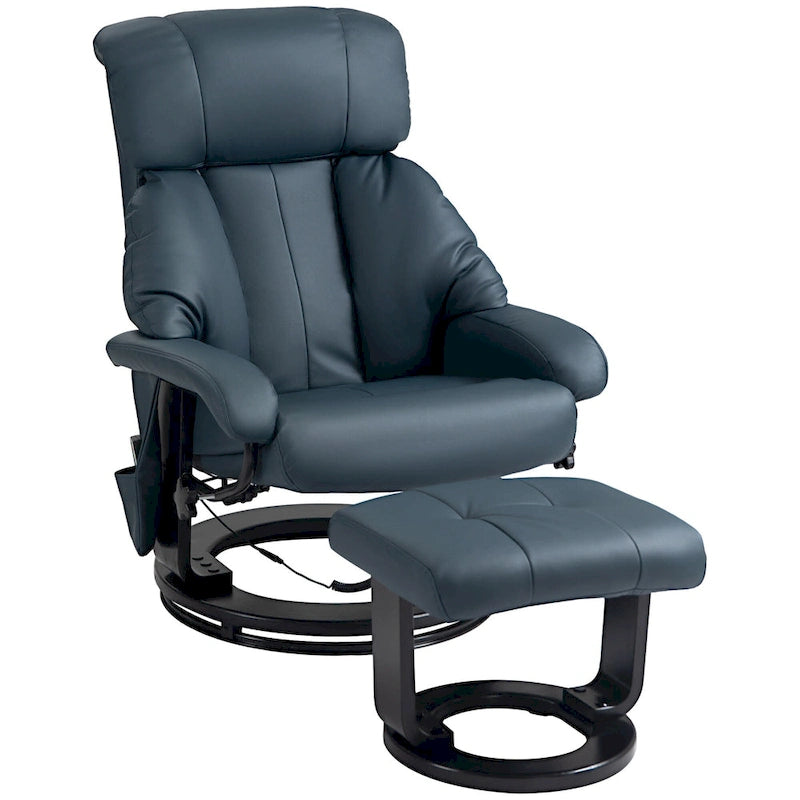 Fauteuil inclinable de massage pivotant à 360° en similicuir gris/bleu avec pouf – 1 place