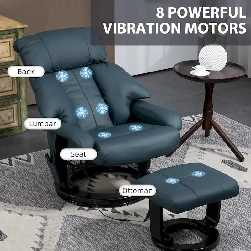 Fauteuil inclinable de massage pivotant à 360° en similicuir gris/bleu avec pouf – 1 place