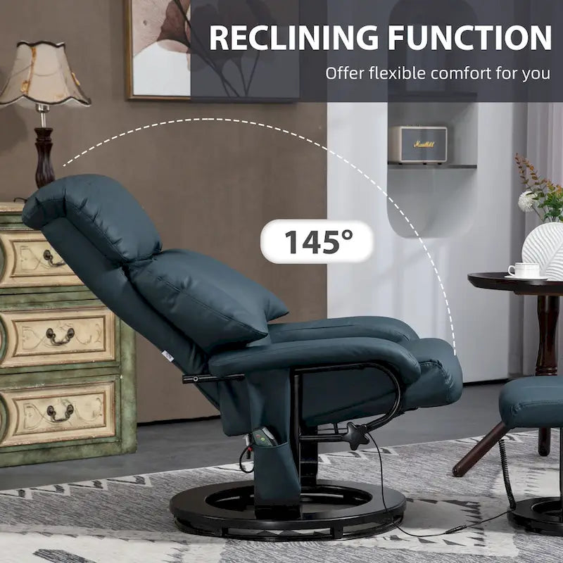 Fauteuil inclinable de massage pivotant à 360° en similicuir gris/bleu avec pouf – 1 place