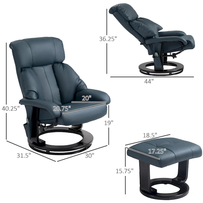 Fauteuil inclinable de massage pivotant à 360° en similicuir gris/bleu avec pouf – 1 place