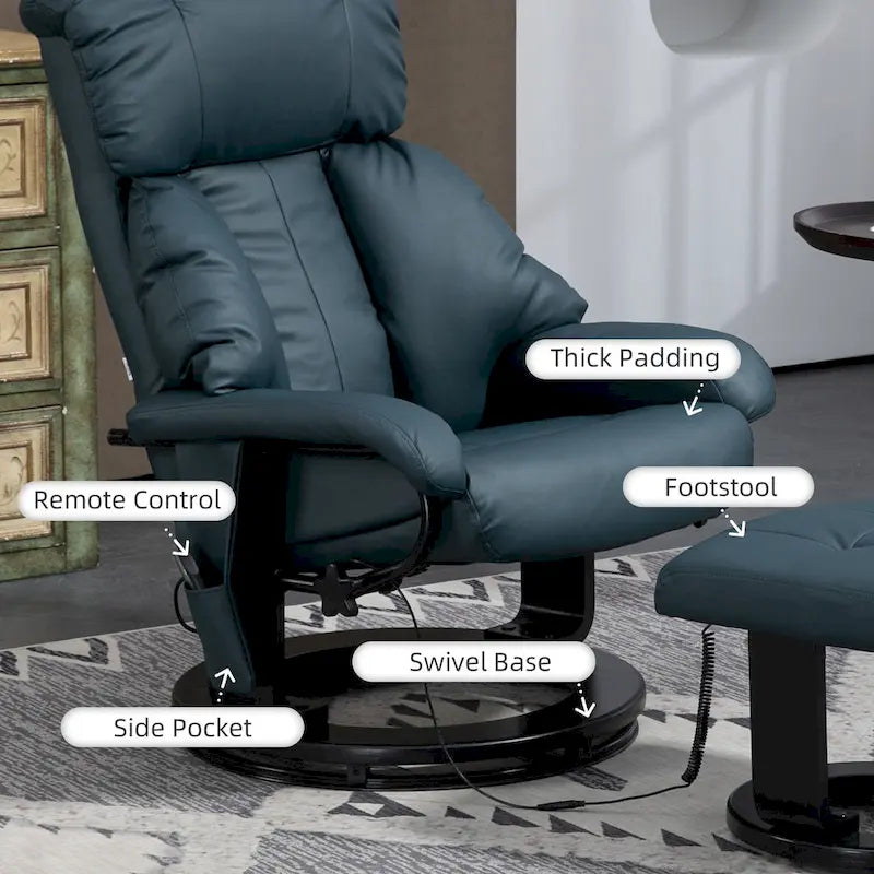 Fauteuil inclinable de massage pivotant à 360° en similicuir gris/bleu avec pouf – 1 place