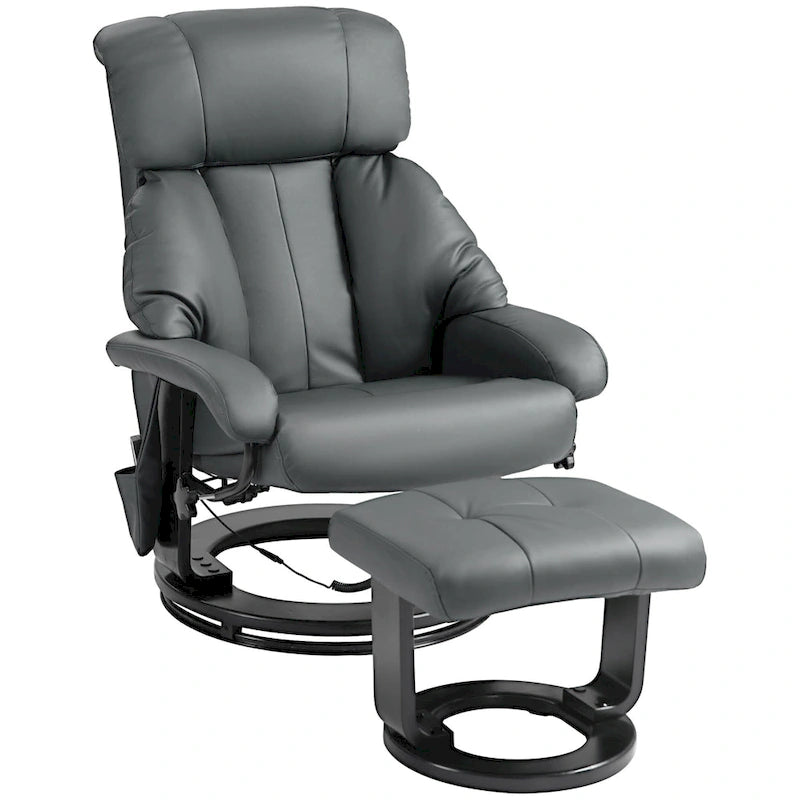 Fauteuil inclinable de massage pivotant à 360° en similicuir gris/bleu avec pouf – 1 place