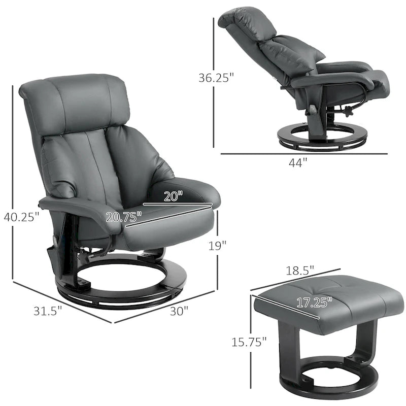 Fauteuil inclinable de massage pivotant à 360° en similicuir gris/bleu avec pouf – 1 place