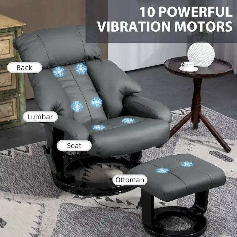 Fauteuil inclinable de massage pivotant à 360° en similicuir gris/bleu avec pouf – 1 place